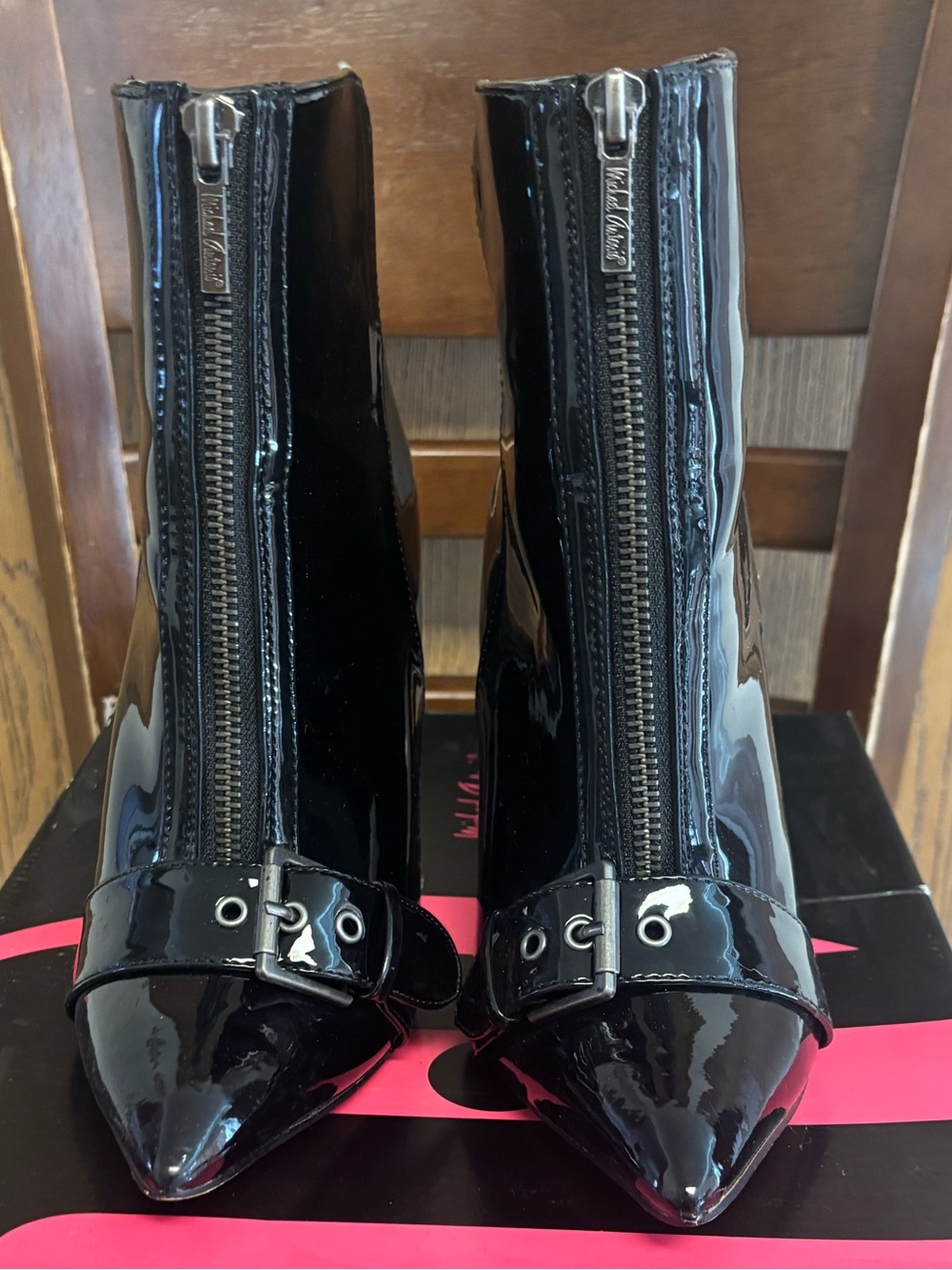 Black Patent Pointed Toe Ankle Boots with Front Zip